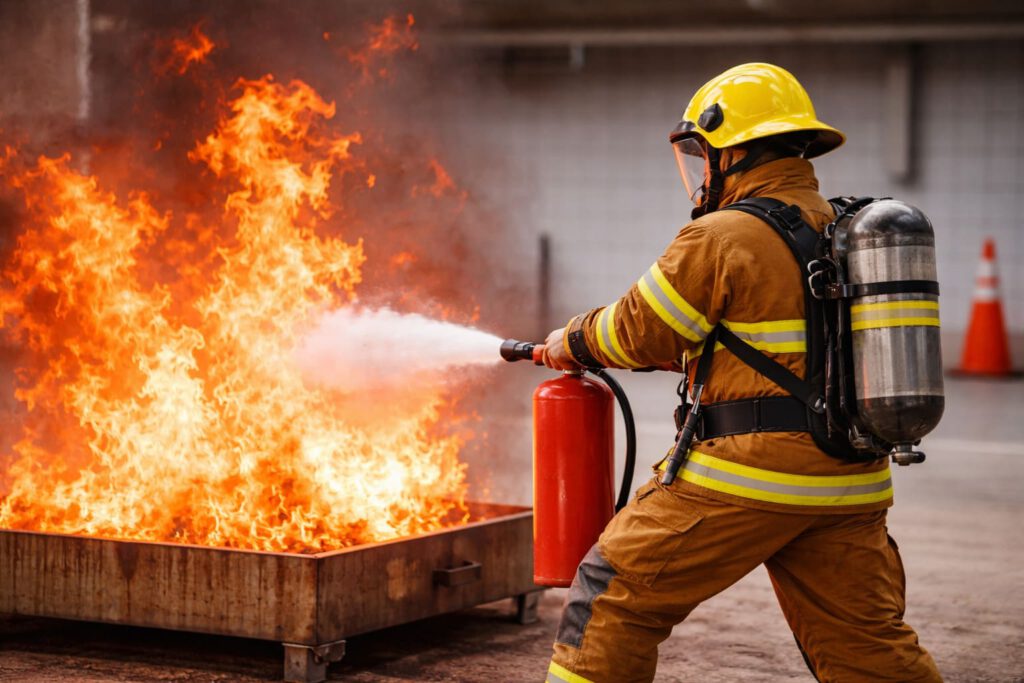 Brandschutzhelfer Seminar mit praktischer Feuerlöschübung am offenen Brand
