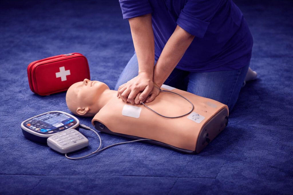 Ersthelfer Seminar mit CPR-Übung an einer Reanimationspuppe und Defibrillator