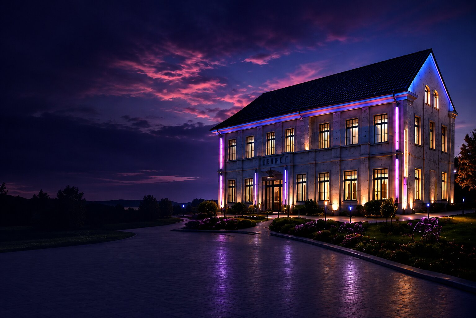 Gebäude im violetten Abendlicht